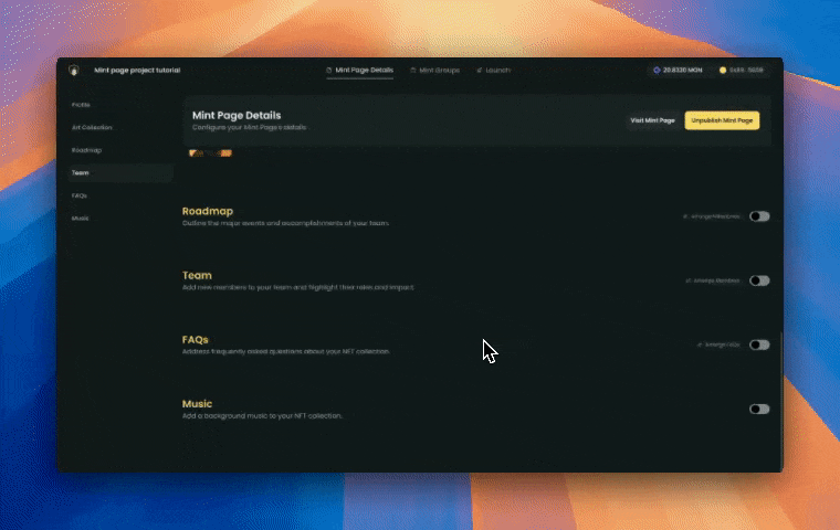 Mint page FAQs setup