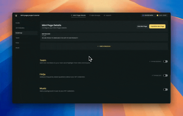 Mint page team setup
