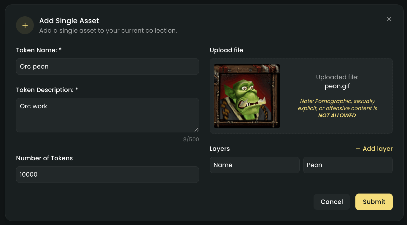 single asset upload modal