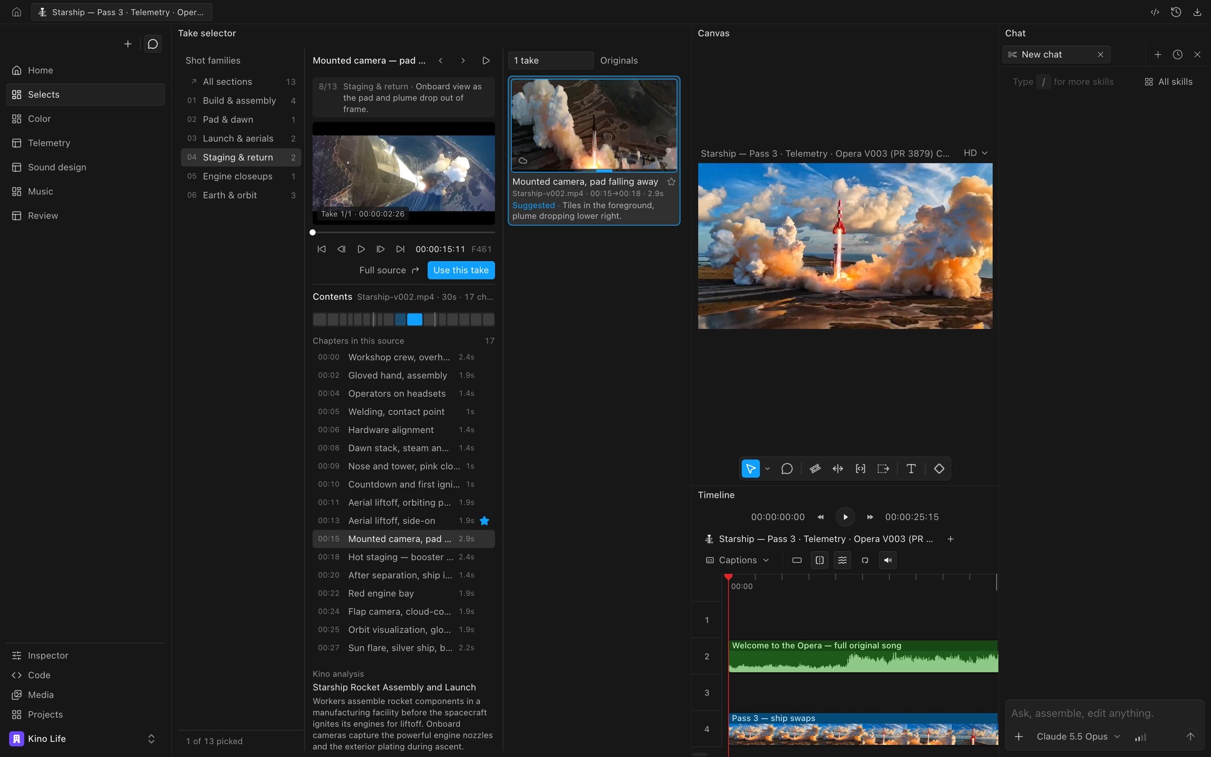 A Take selector custom panel docked beside the canvas, showing shot families, a take preview and a list of chapters in the source clip