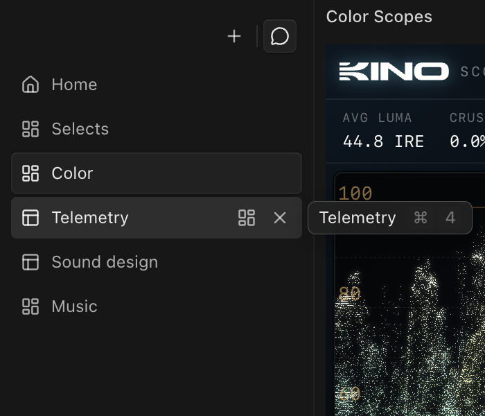 The view rail with Home, Selects, Color, Telemetry, Sound design and Music. The pointer is over Telemetry, which shows its layout and close buttons and a tooltip with Command+4