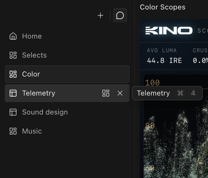 The view rail with Home, Selects, Color, Telemetry, Sound design and Music. The pointer is over Telemetry, which shows its layout and close buttons and a tooltip with Command+4