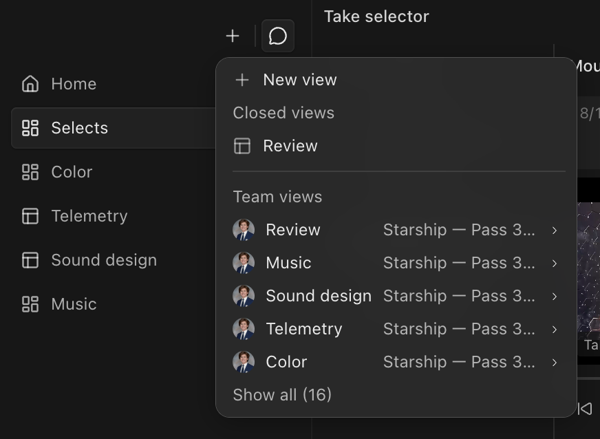 The add view menu with New view, a closed view named Review, and a Team views section listing views from a teammate's project