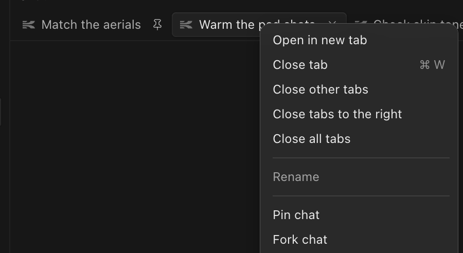 The chat tab menu with Open in new tab, Close tab, Close other tabs, Close tabs to the right, Close all tabs, Rename, Pin chat and Fork chat