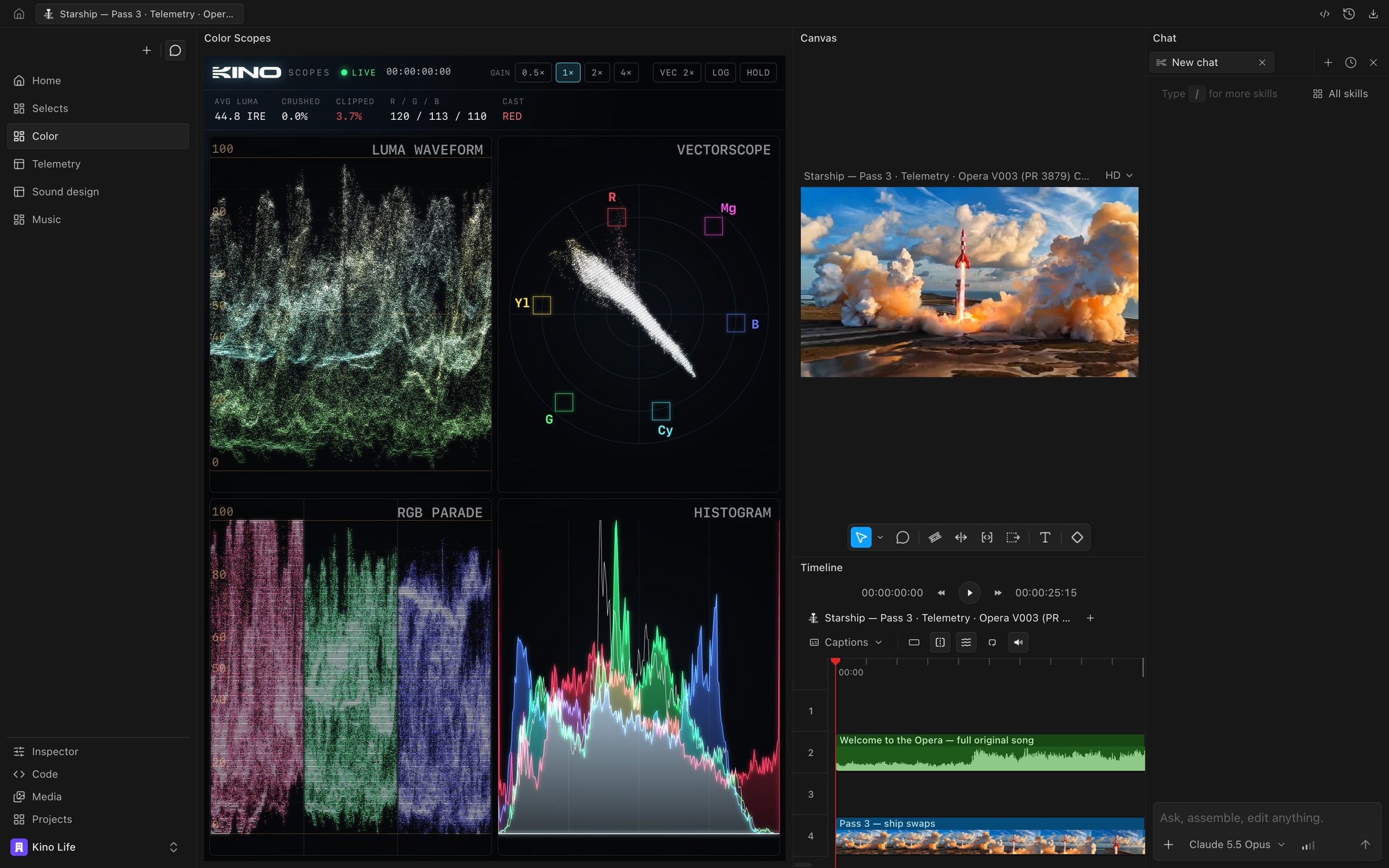 The Kino editor with the view rail on the left, a Color Scopes panel, the canvas, the timeline and chat