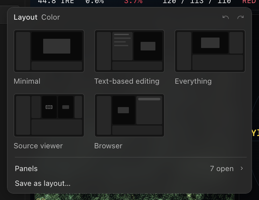 The Layout menu for the Color view, with preset tiles for Minimal, Text-based editing, Everything, Source viewer and Browser, a Panels row showing 7 open, and Save as layout