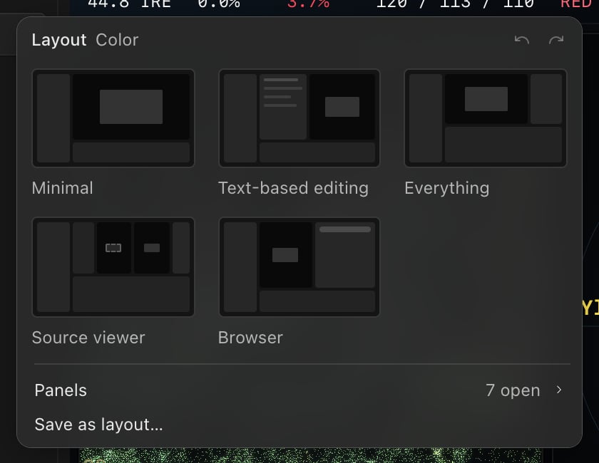 The Layout menu for the Color view, with preset tiles for Minimal, Text-based editing, Everything, Source viewer and Browser, a Panels row showing 7 open, and Save as layout