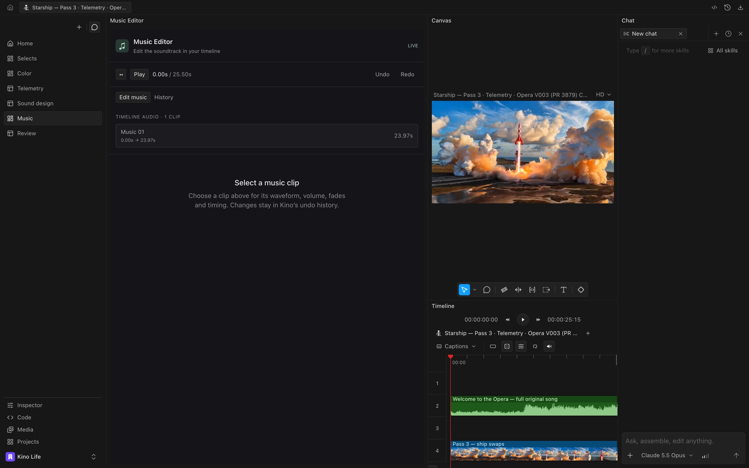 A Music Editor custom panel with play and undo controls and the timeline's music clips