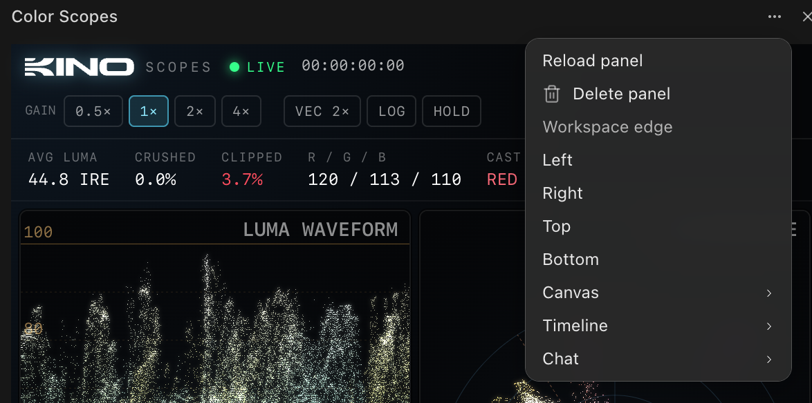 The Color Scopes panel menu with Reload panel, Delete panel, Workspace edge positions Left, Right, Top and Bottom, and submenus for placing it next to Canvas, Timeline or Chat