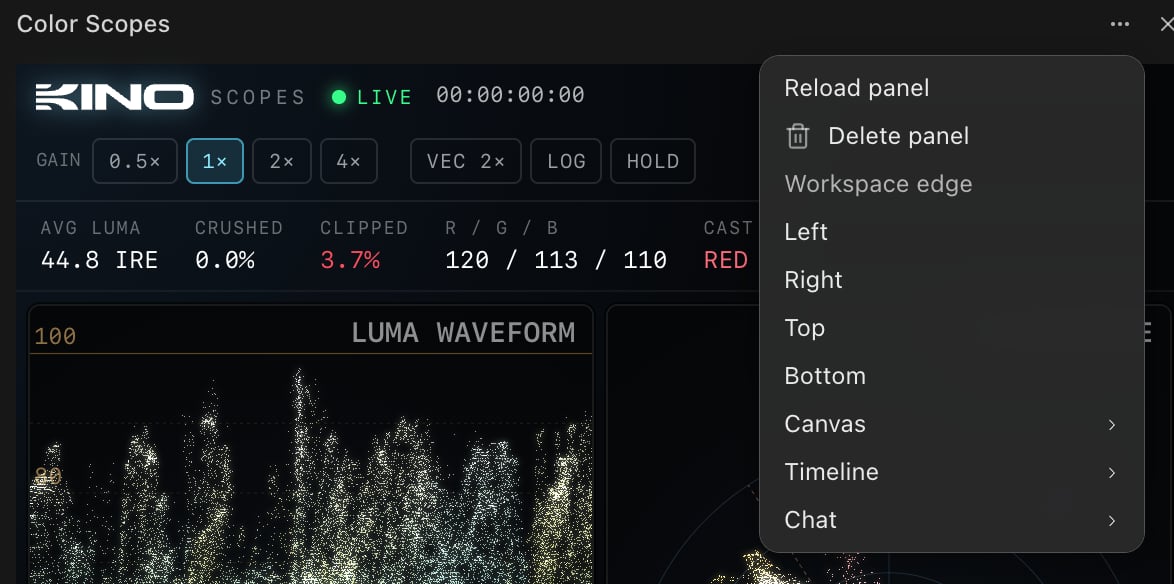 The Color Scopes panel menu with Reload panel, Delete panel, Workspace edge positions Left, Right, Top and Bottom, and submenus for placing it next to Canvas, Timeline or Chat