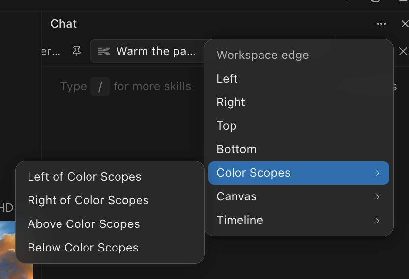 A panel header menu with Workspace edge options Left, Right, Top and Bottom, and a submenu placing the panel left of, right of, above or below the Color Scopes panel