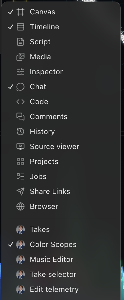 The Panels submenu with built-in panels such as Canvas, Timeline and Chat, followed by custom panels such as Takes, Color Scopes, Music Editor, Take selector and Edit telemetry