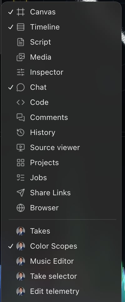 The Panels submenu with built-in panels such as Canvas, Timeline and Chat, followed by custom panels such as Takes, Color Scopes, Music Editor, Take selector and Edit telemetry