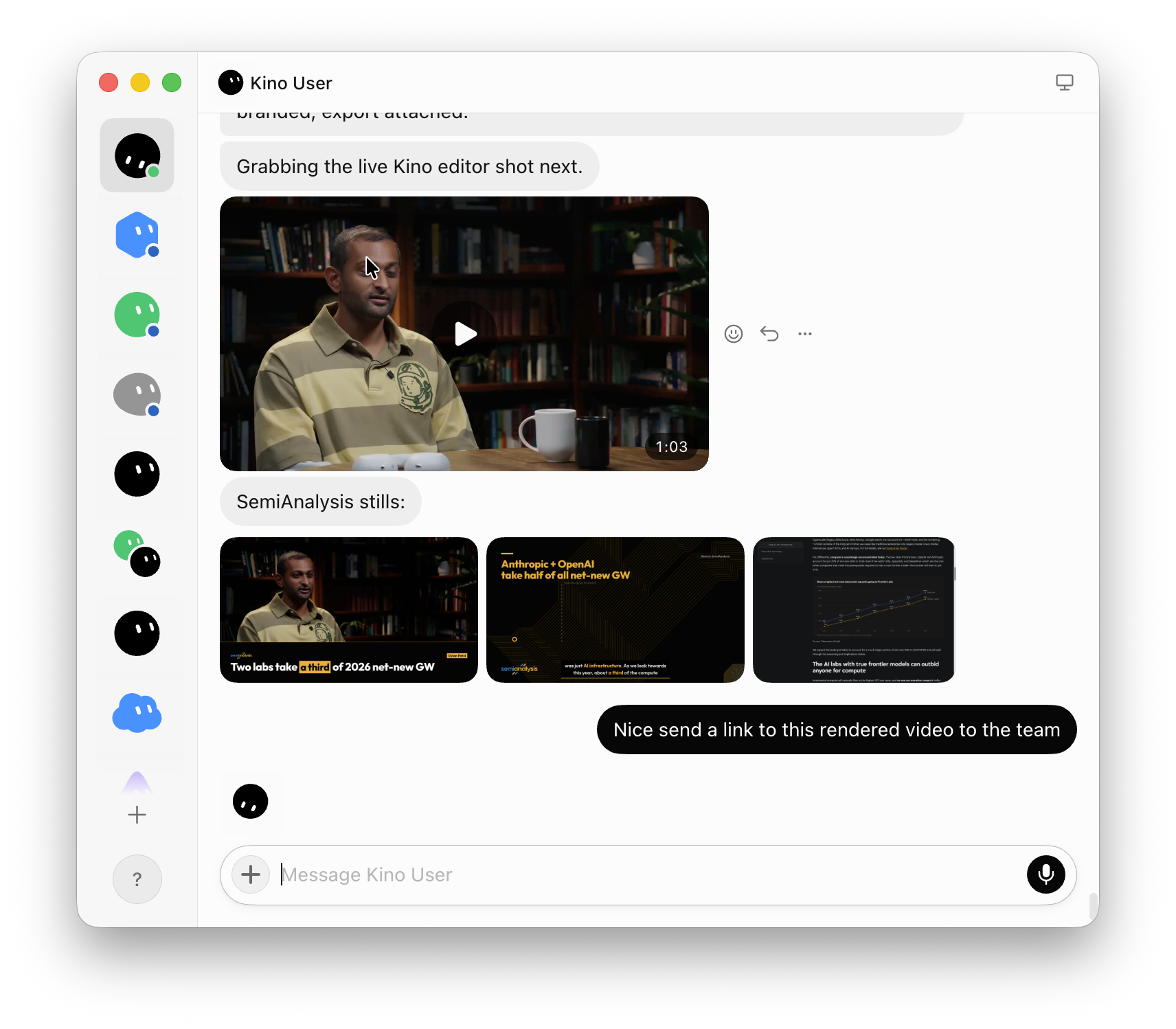 A Grok Bot conversation: the bot posts a rendered SemiAnalysis clip and three motion-graphic stills from Kino, and the user asks it to send the link to the team