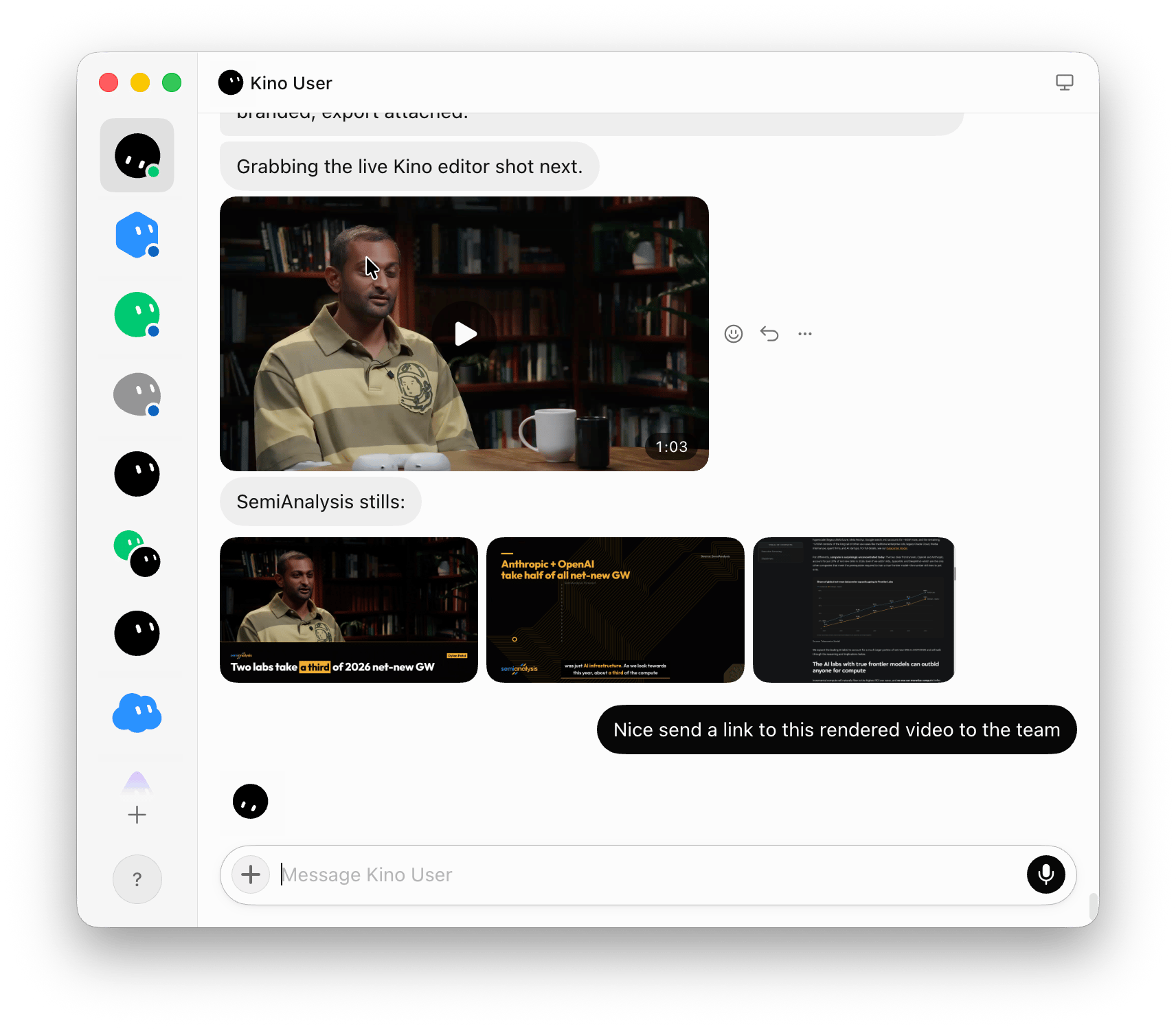 A Grok Bot conversation: the bot posts a rendered SemiAnalysis clip and three motion-graphic stills from Kino, and the user asks it to send the link to the team