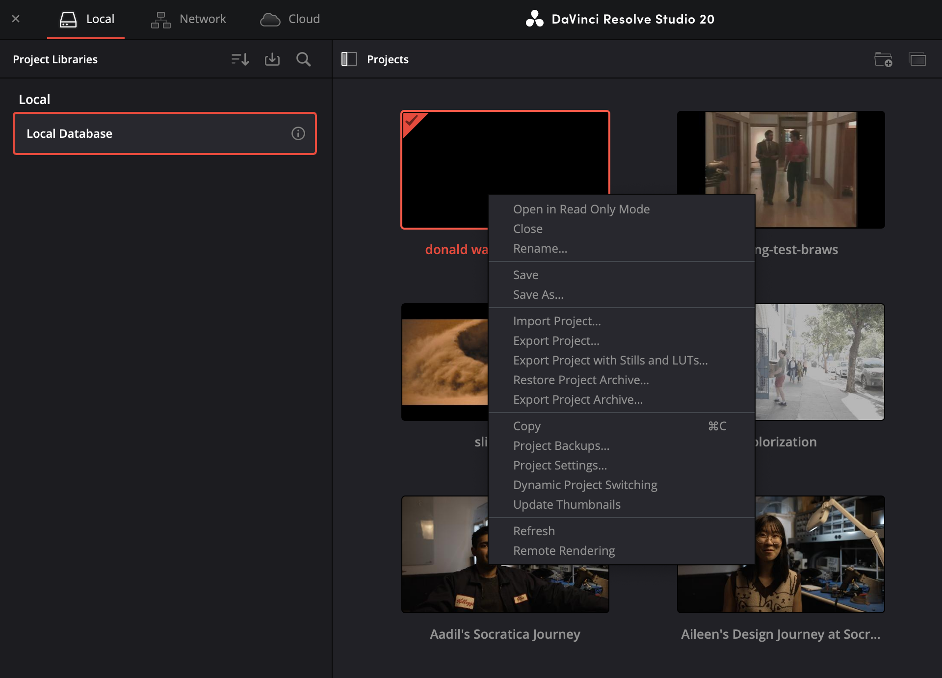 resolve project menu