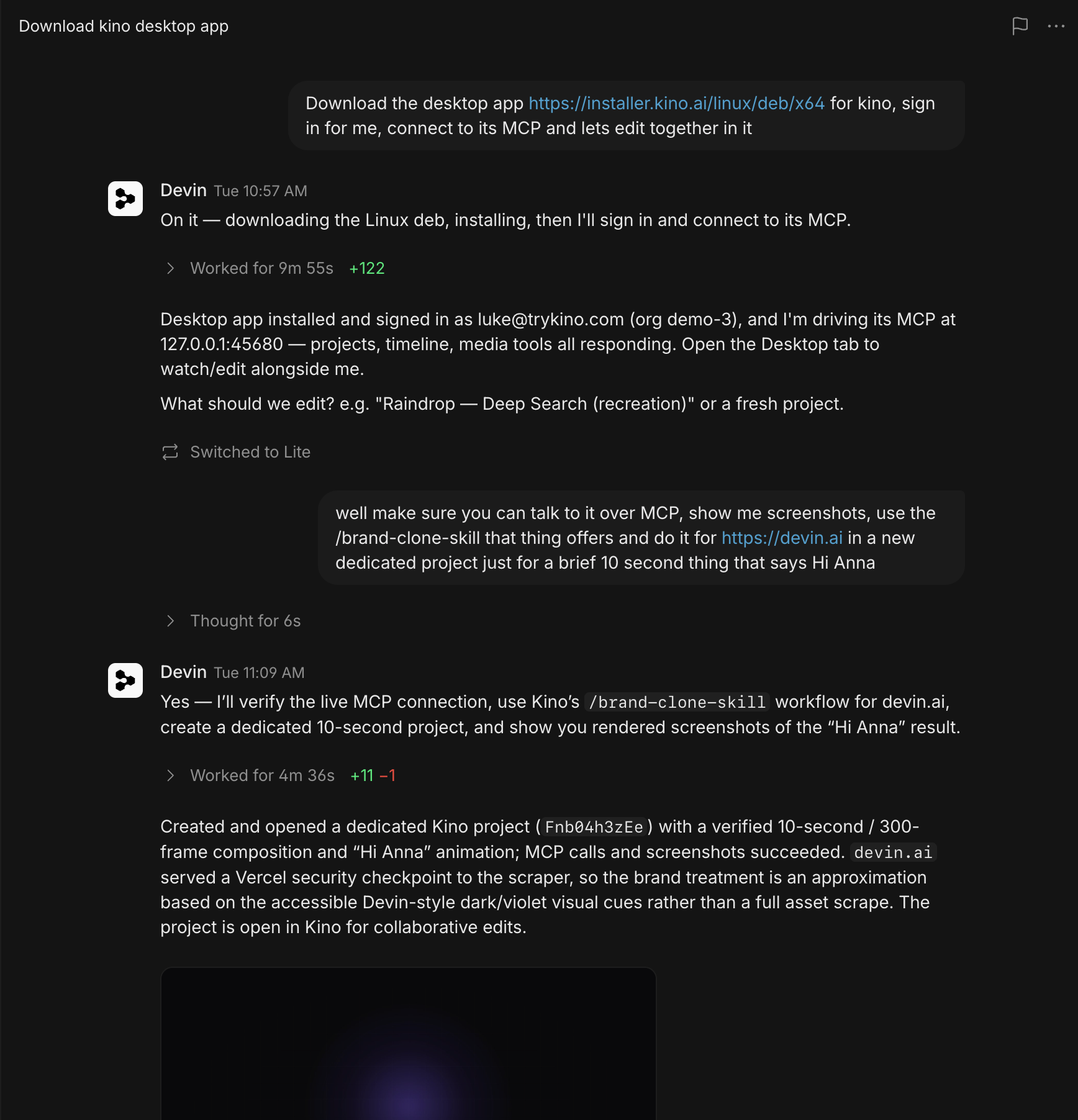 A Devin session: Devin installs the Kino desktop app, connects to its MCP server, and builds a 10-second brand-clone project with screenshots