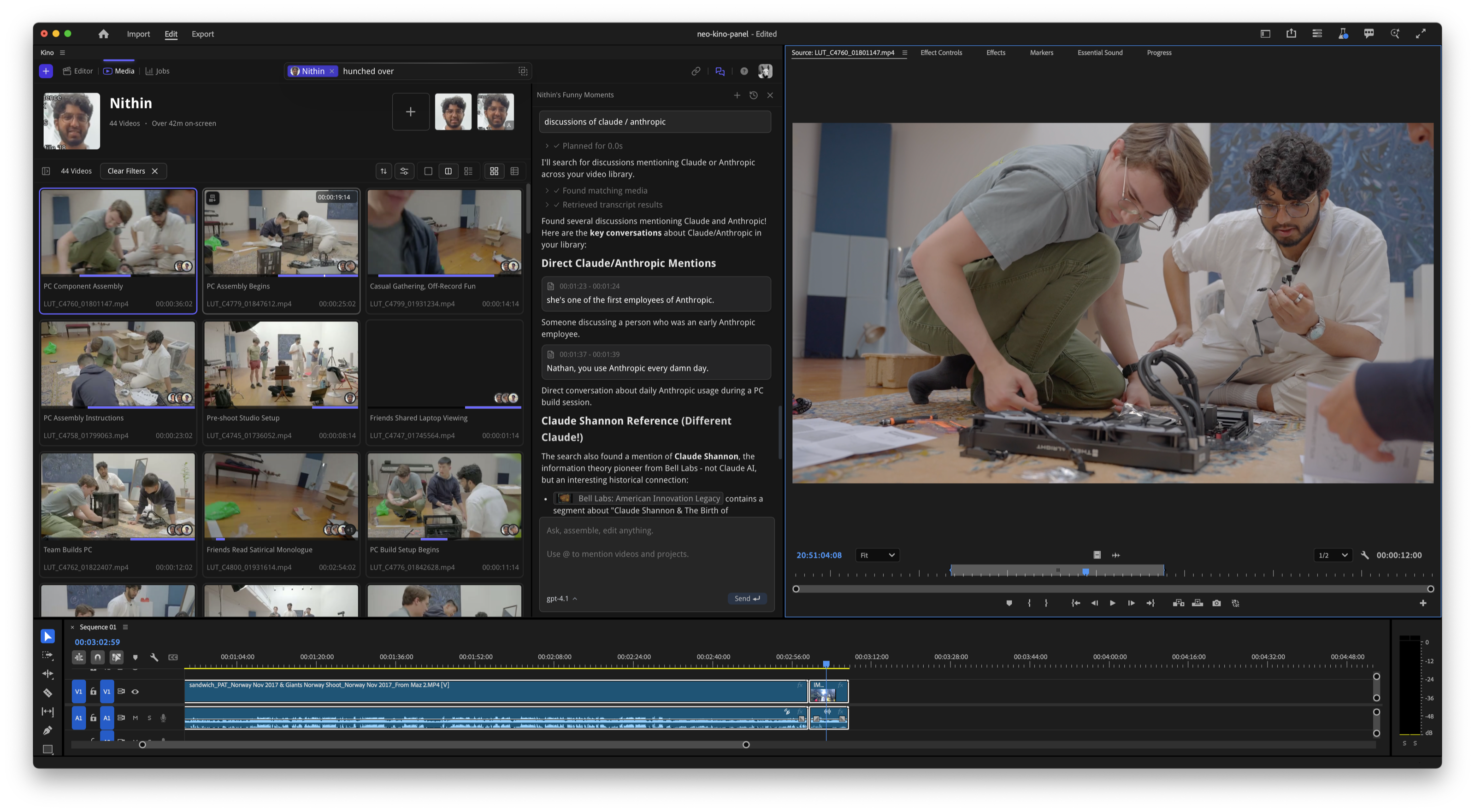 Screenshot of Kino panel integrated within Adobe Premiere Pro interface