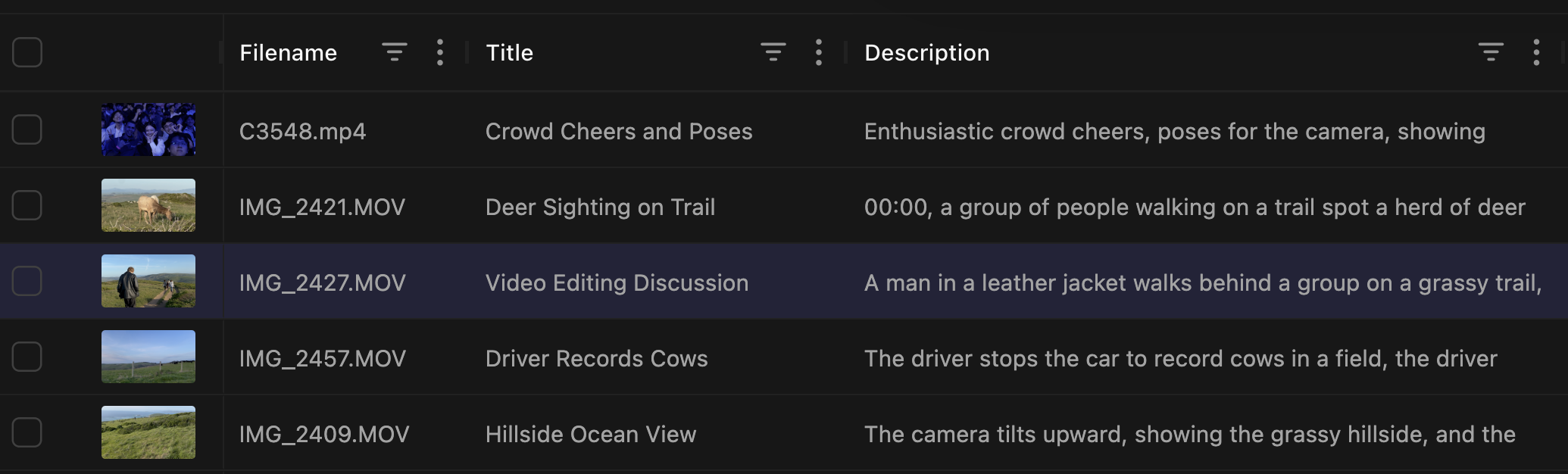 AI video logging interface with automatically generated descriptions