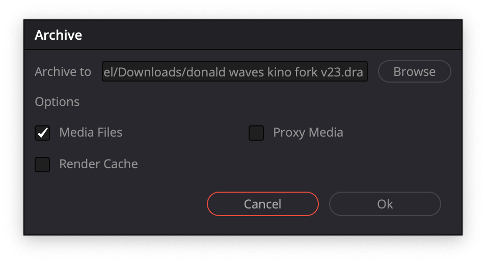 archive options window