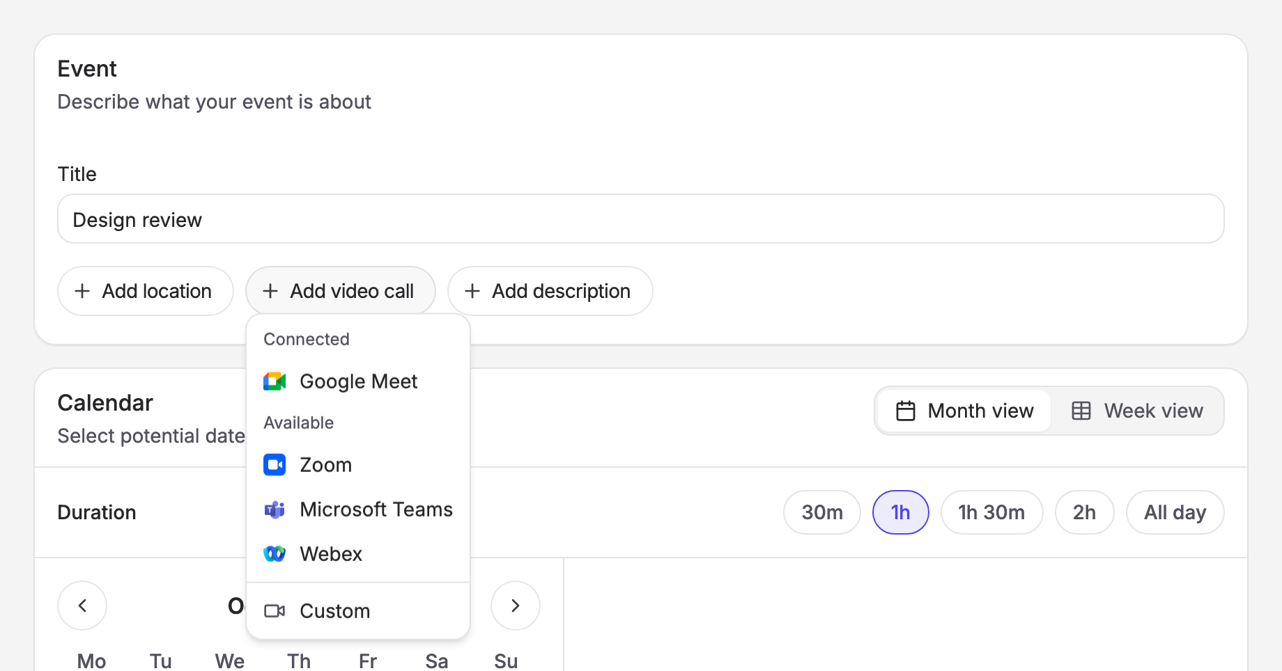 The Add video call menu on the poll form, listing connected and available providers, then Custom