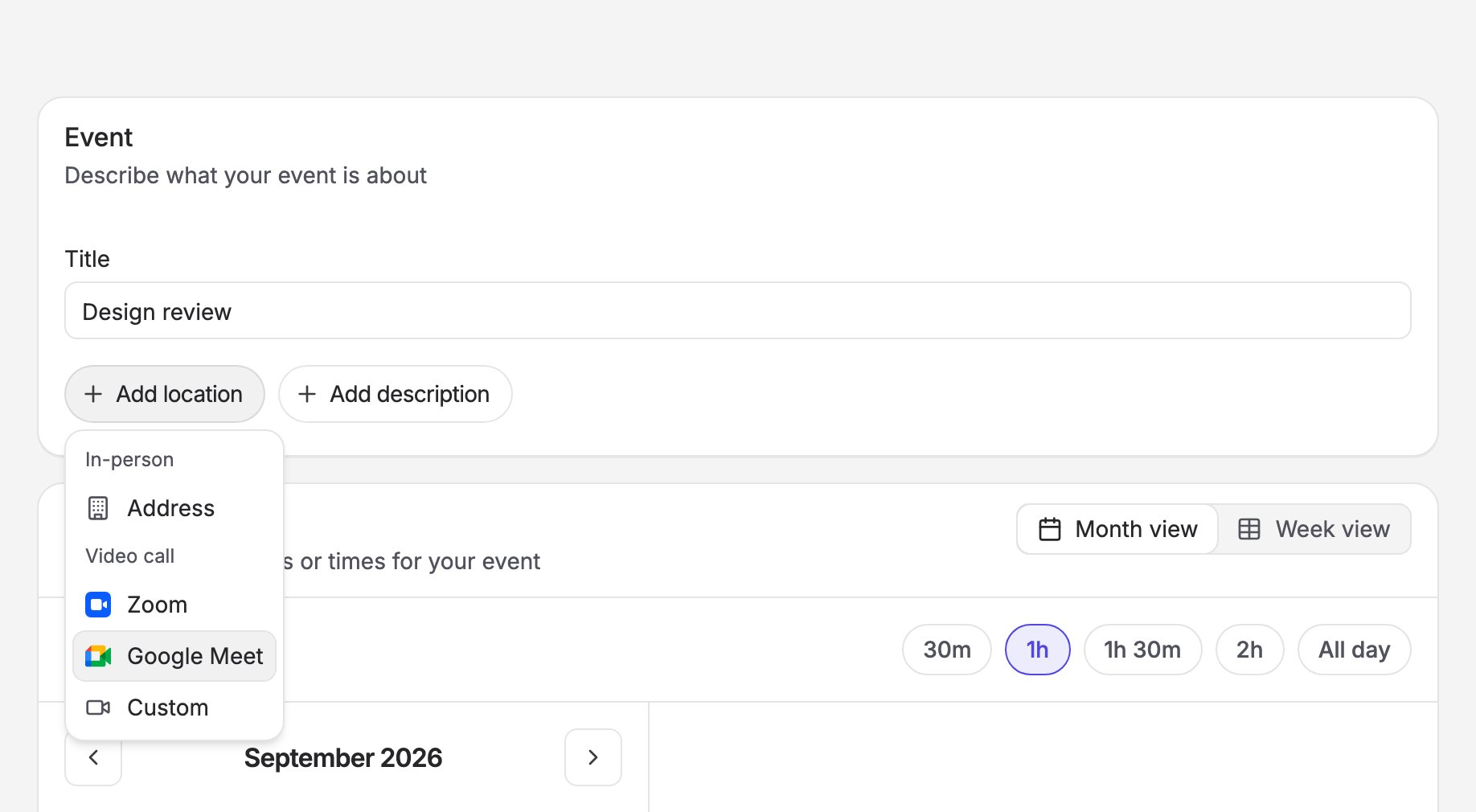 The Add location menu on the poll form, with Address under In-person and Zoom, Google Meet and Custom under Video call