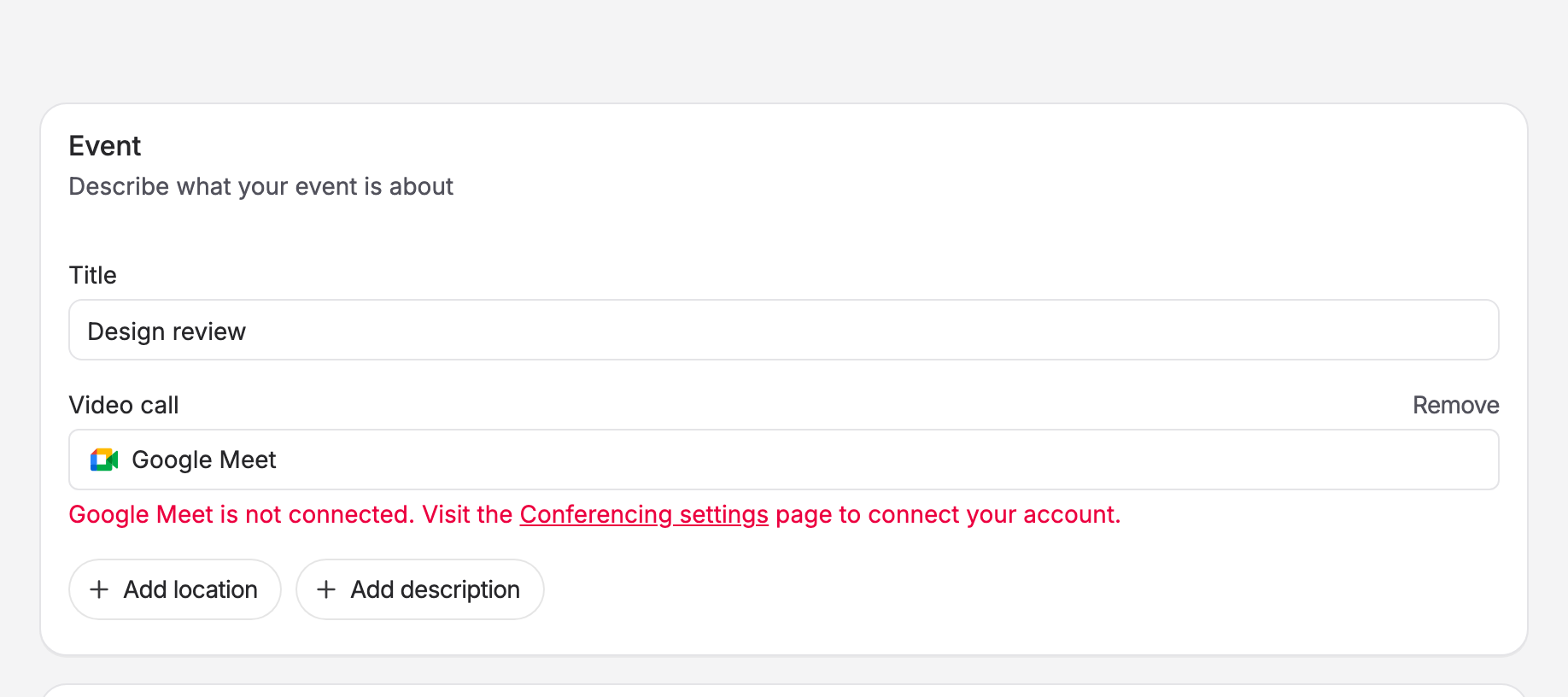 The poll form showing the message that Google Meet is not connected, with a link to Conferencing settings