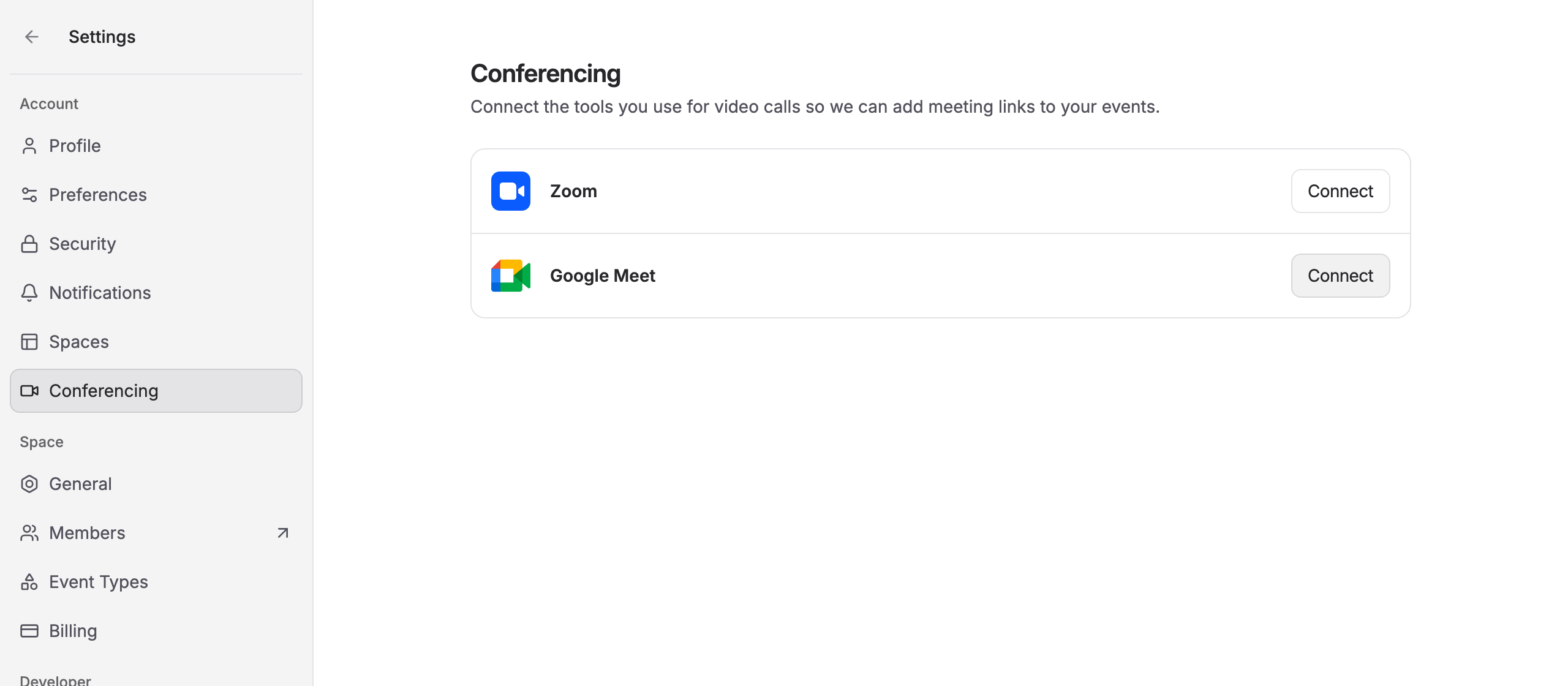The Conferencing settings page listing Zoom and Google Meet, each with a Connect button