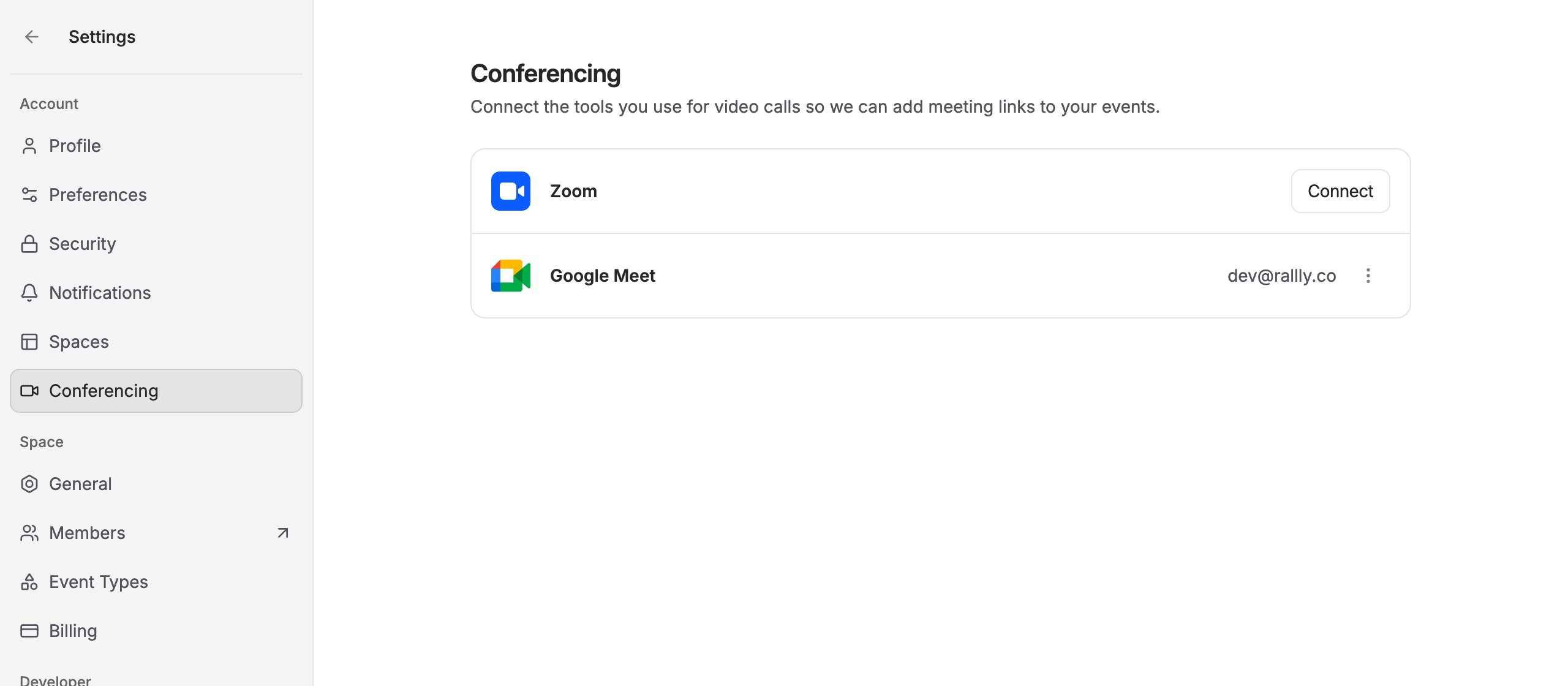 The Conferencing settings page showing the connected account's email address next to Google Meet