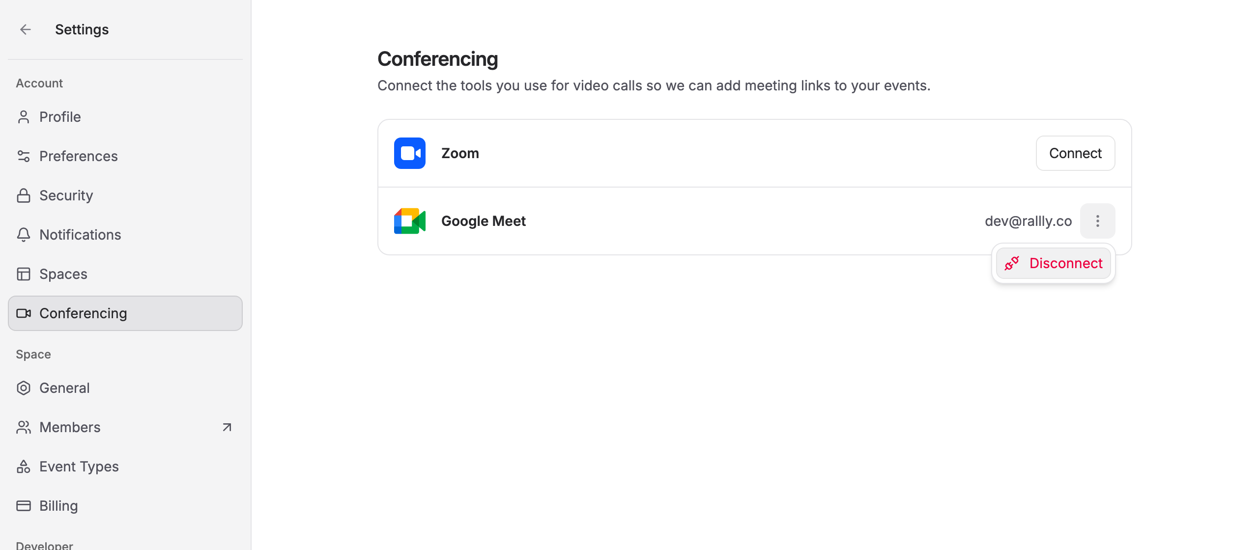 The connected Google Meet row with its menu open, showing Disconnect