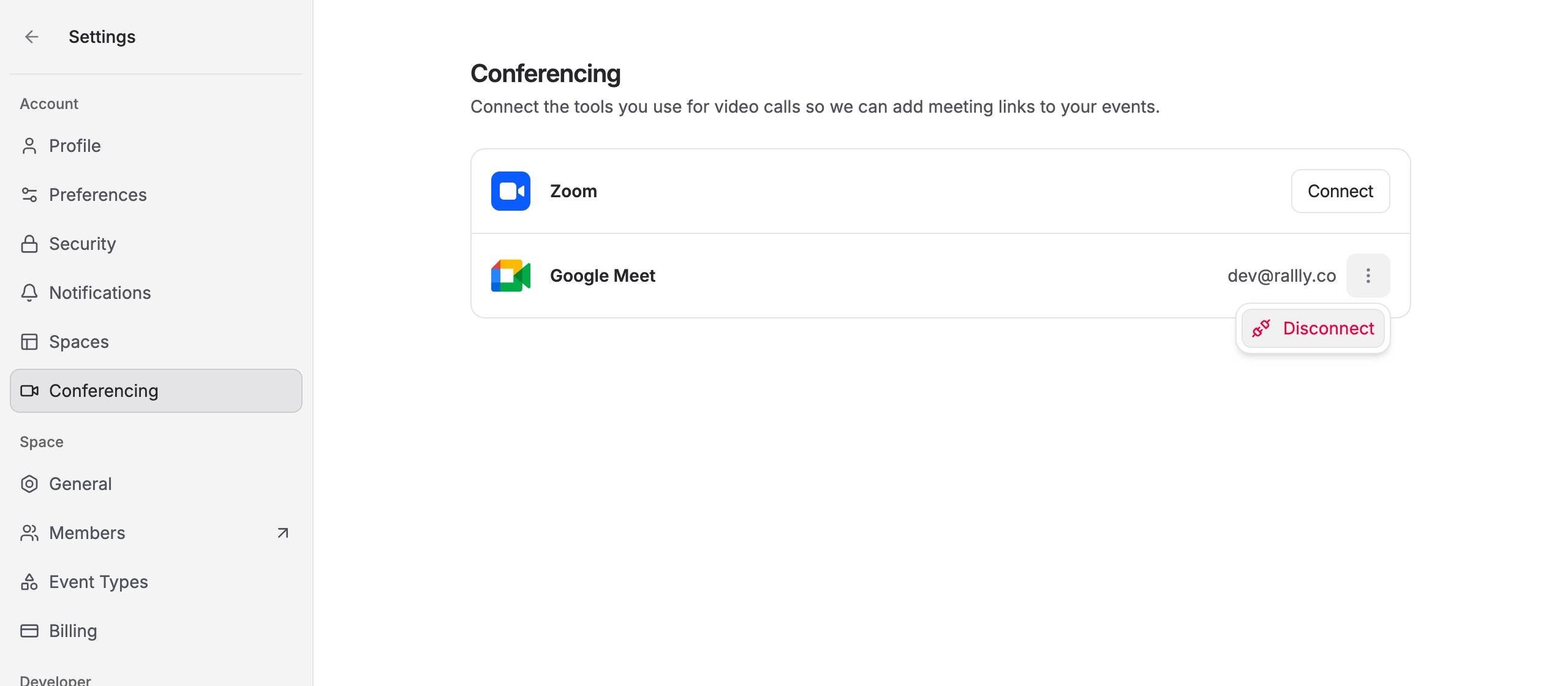 The connected Google Meet row with its menu open, showing Disconnect