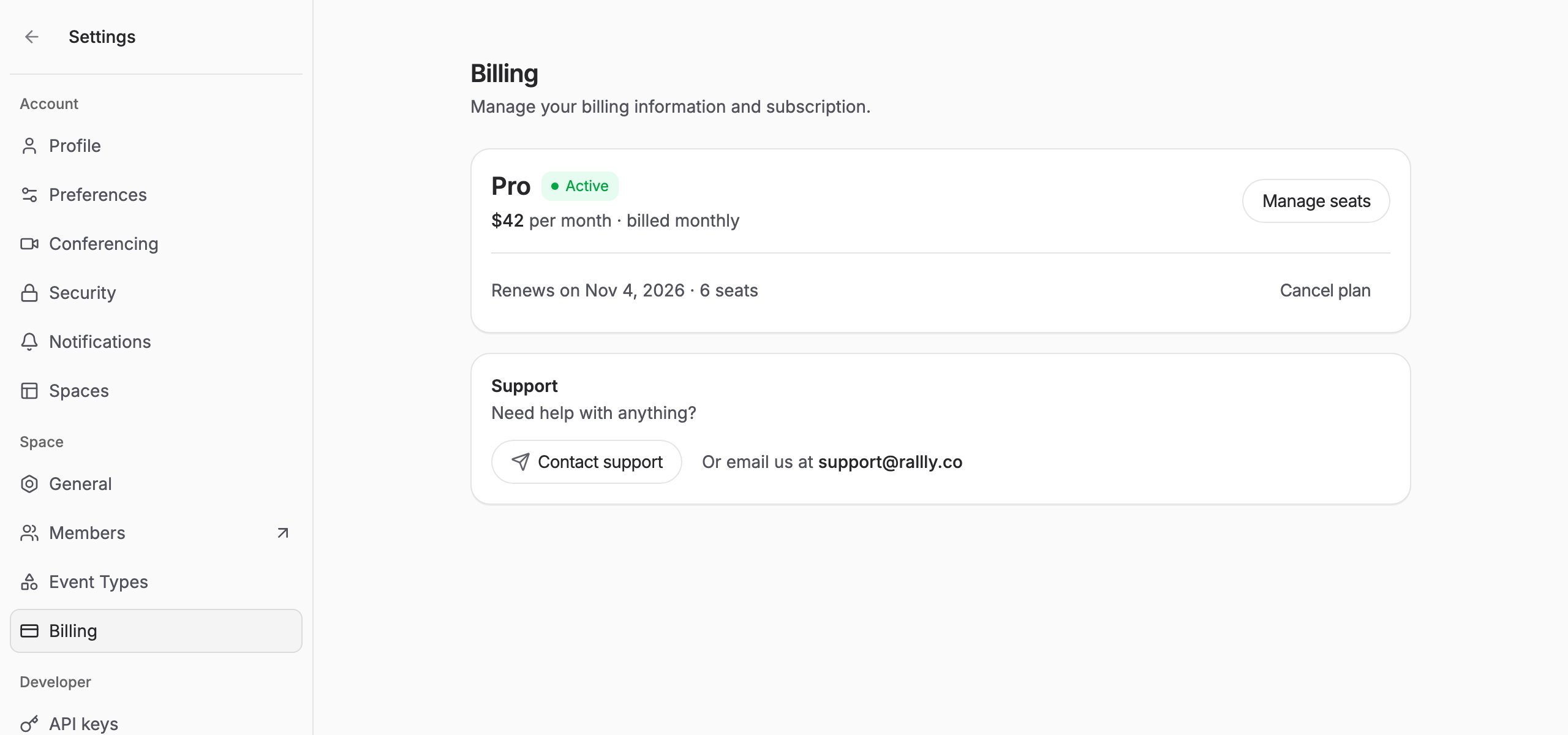 The Billing page showing the active Pro plan with the Manage seats button