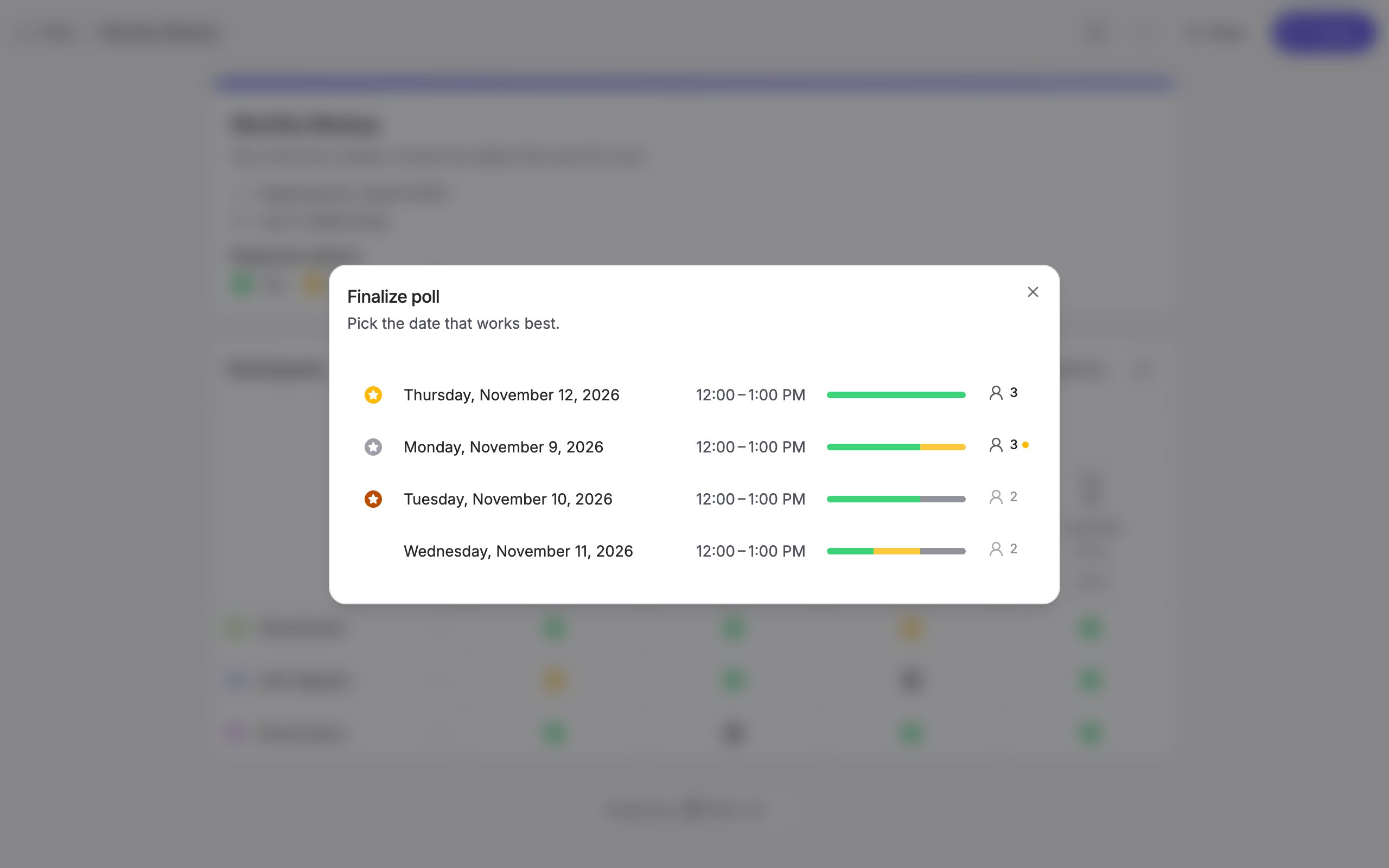 Finalize dialog listing the dates by popularity