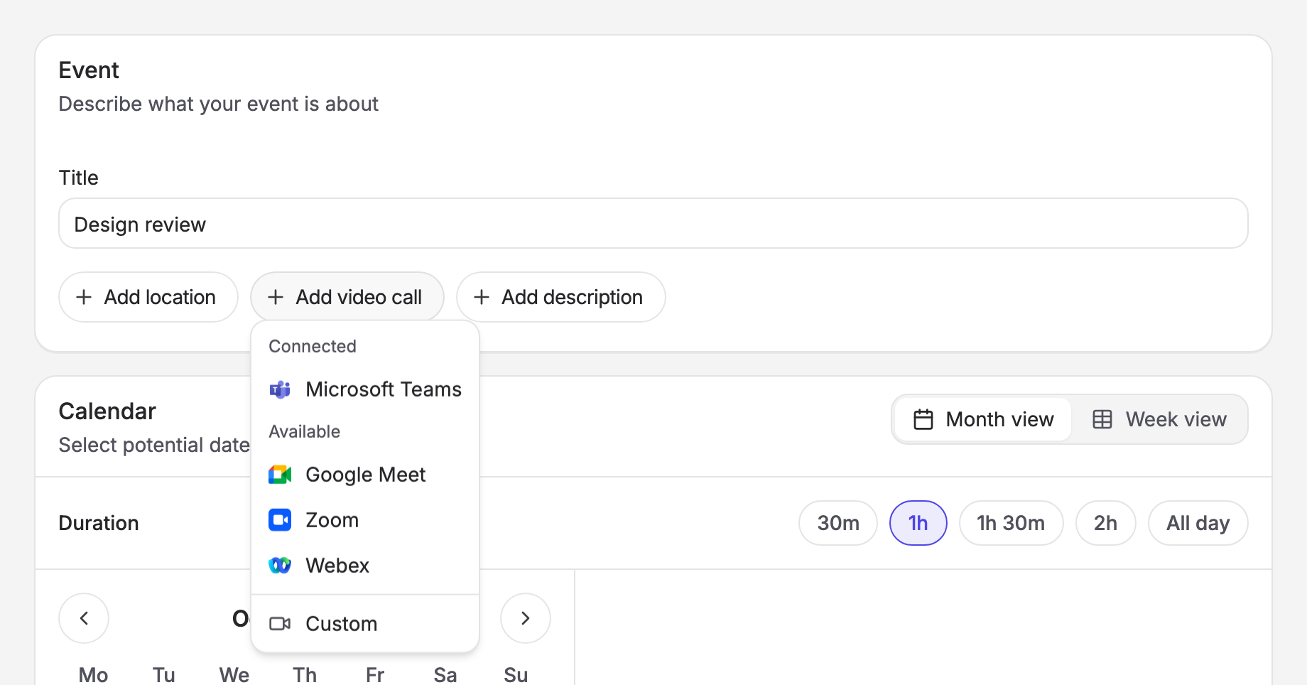 The Add video call menu on the poll form, listing connected and available providers, then Custom
