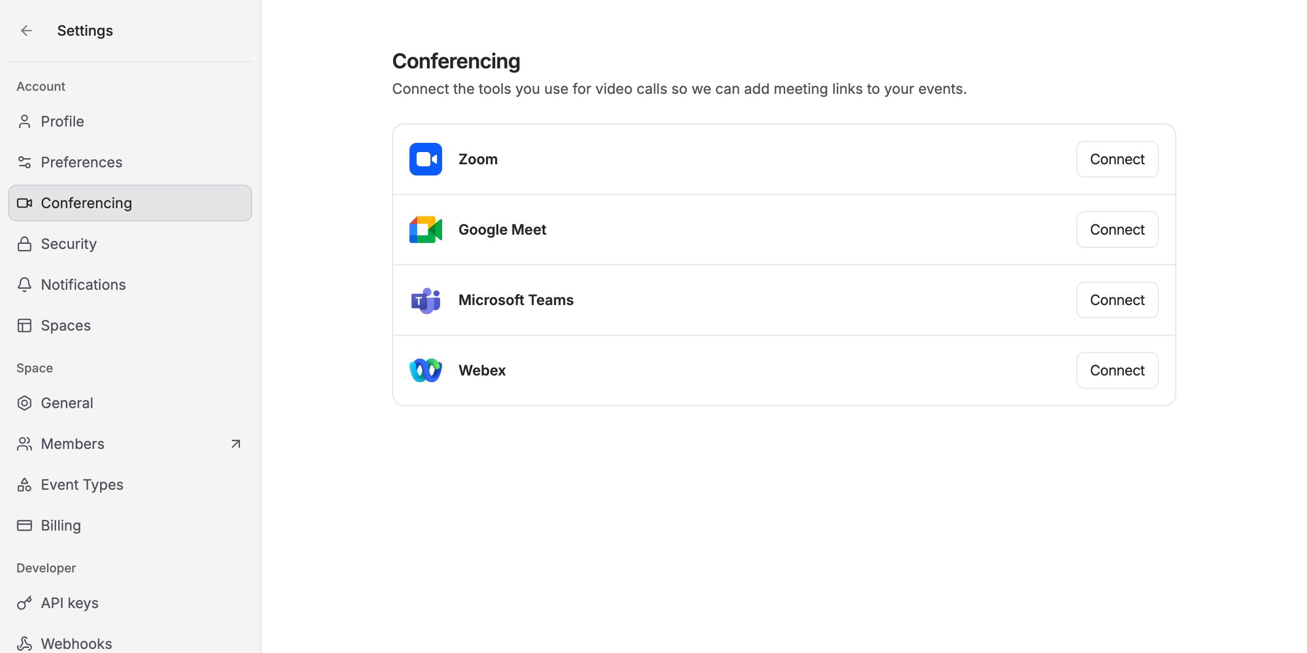 The Conferencing settings page listing Webex with a Connect button