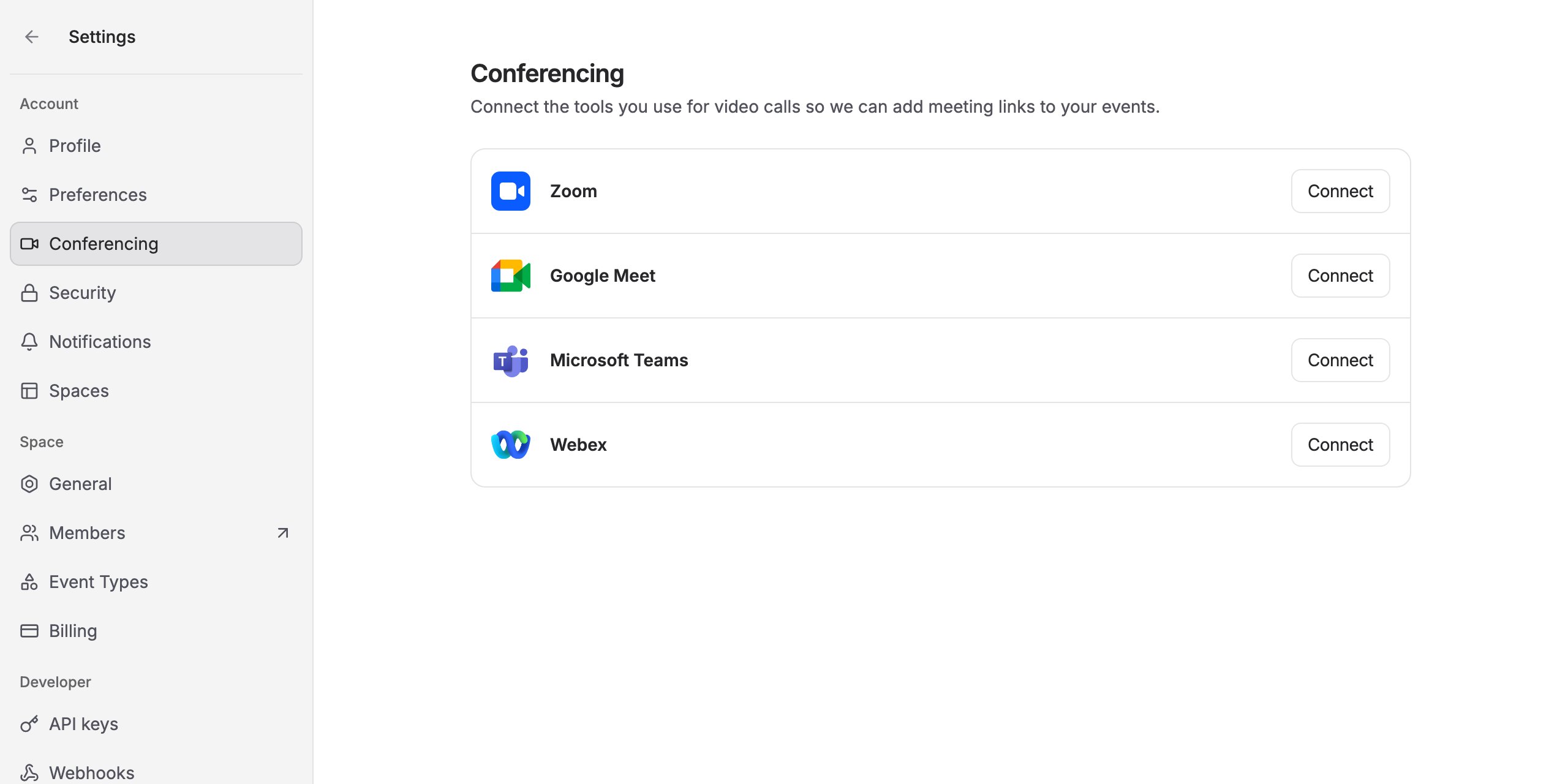 The Conferencing settings page listing Webex with a Connect button