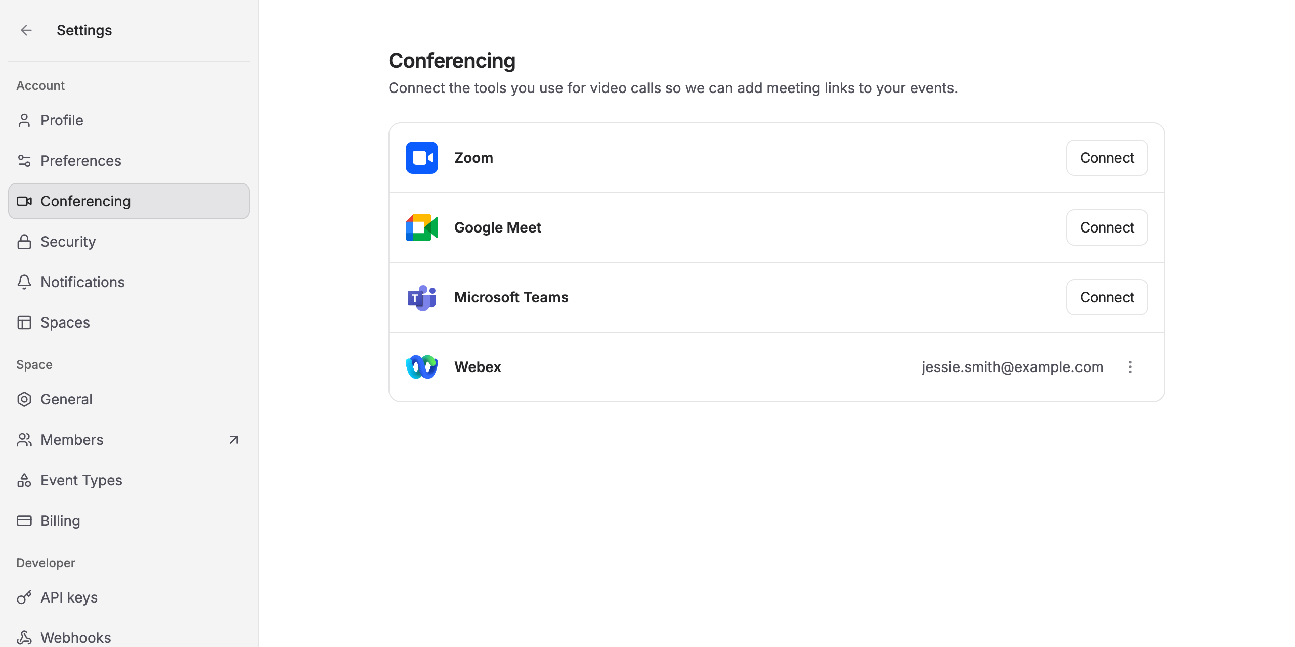 The Conferencing settings page showing the connected account's email address next to Webex