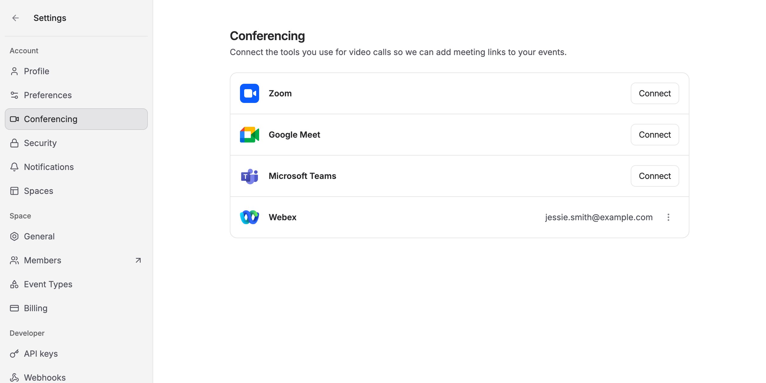 The Conferencing settings page showing the connected account's email address next to Webex