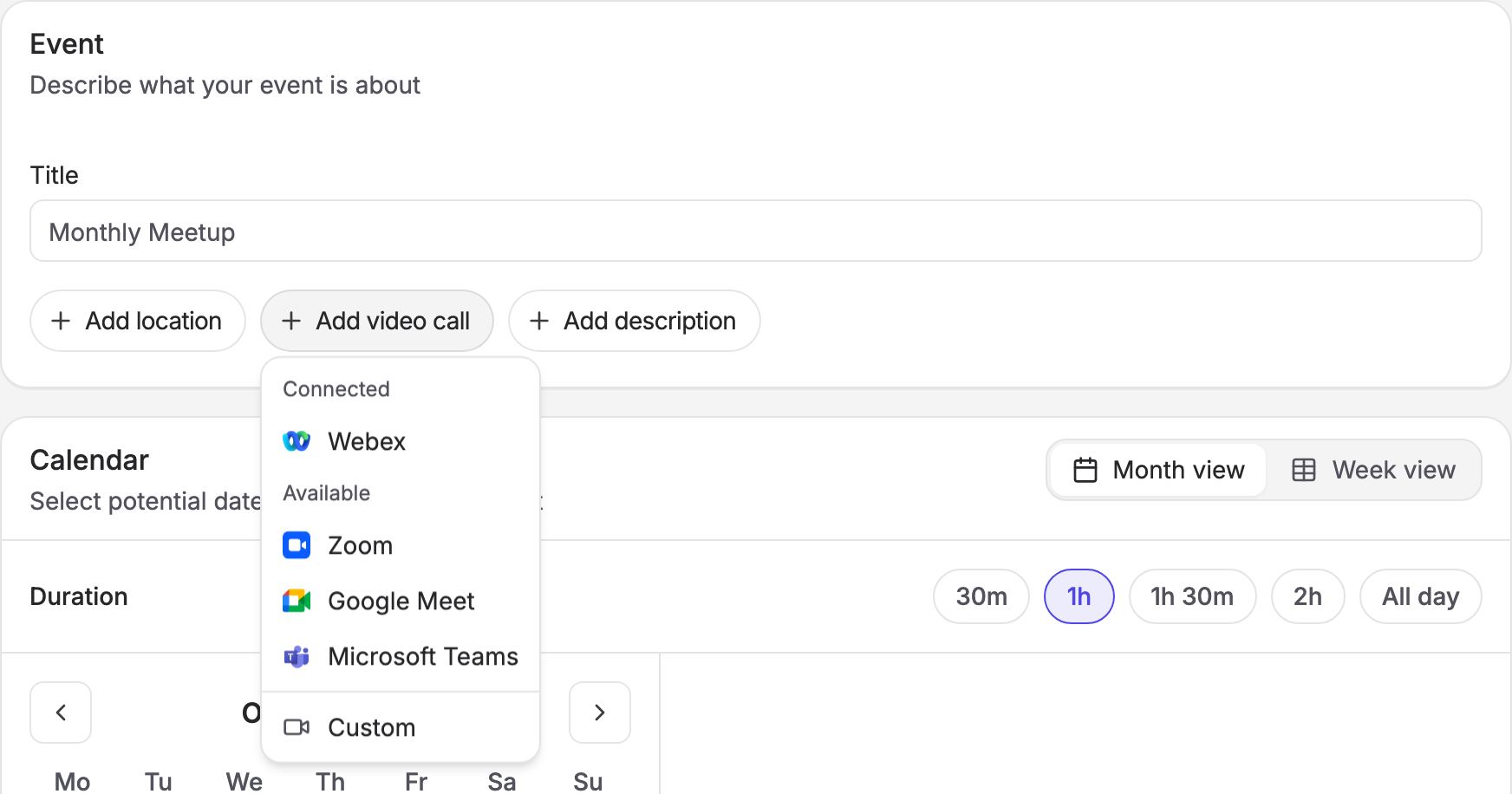 The Add video call menu on the poll form, listing connected and available providers, then Custom
