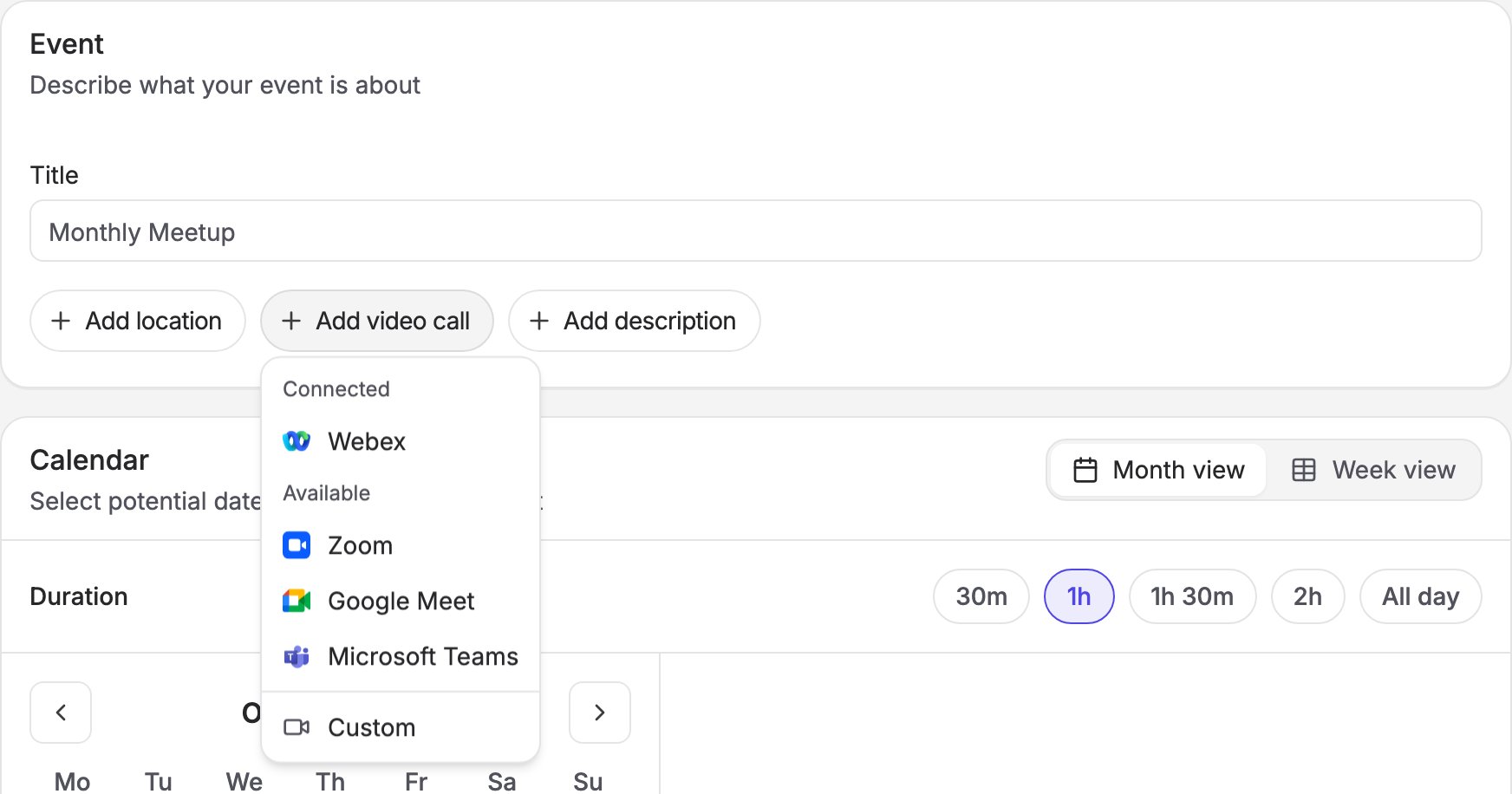 The Add video call menu on the poll form, listing connected and available providers, then Custom