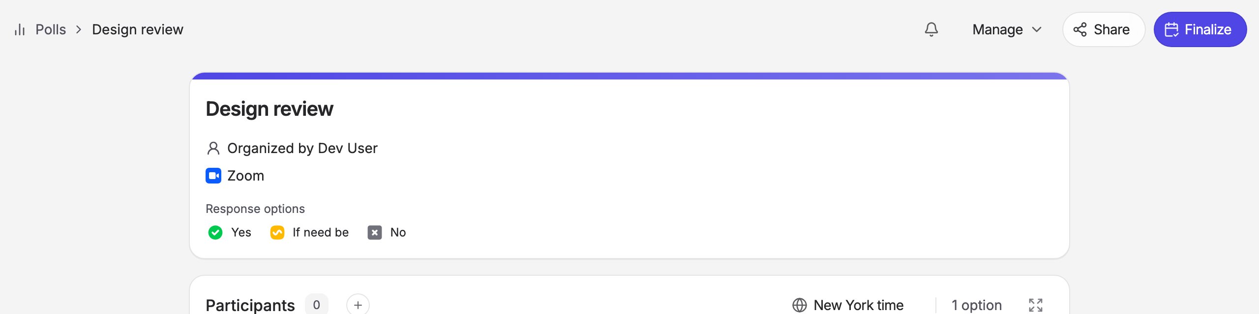 The poll page showing Zoom under the organizer on the event card