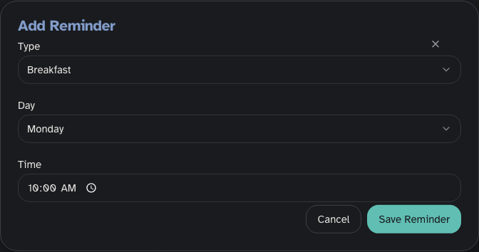 Add Reminder with Type, Day, and Time