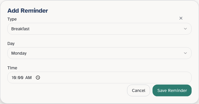 Add Reminder with Type, Day, and Time