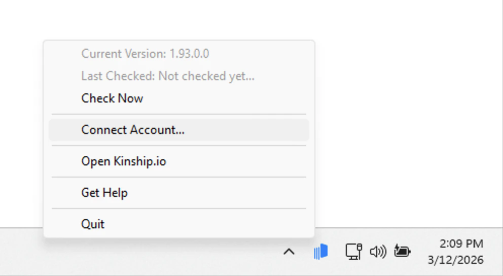 Right-click context menu on the Kinship tray icon showing Connect Account option