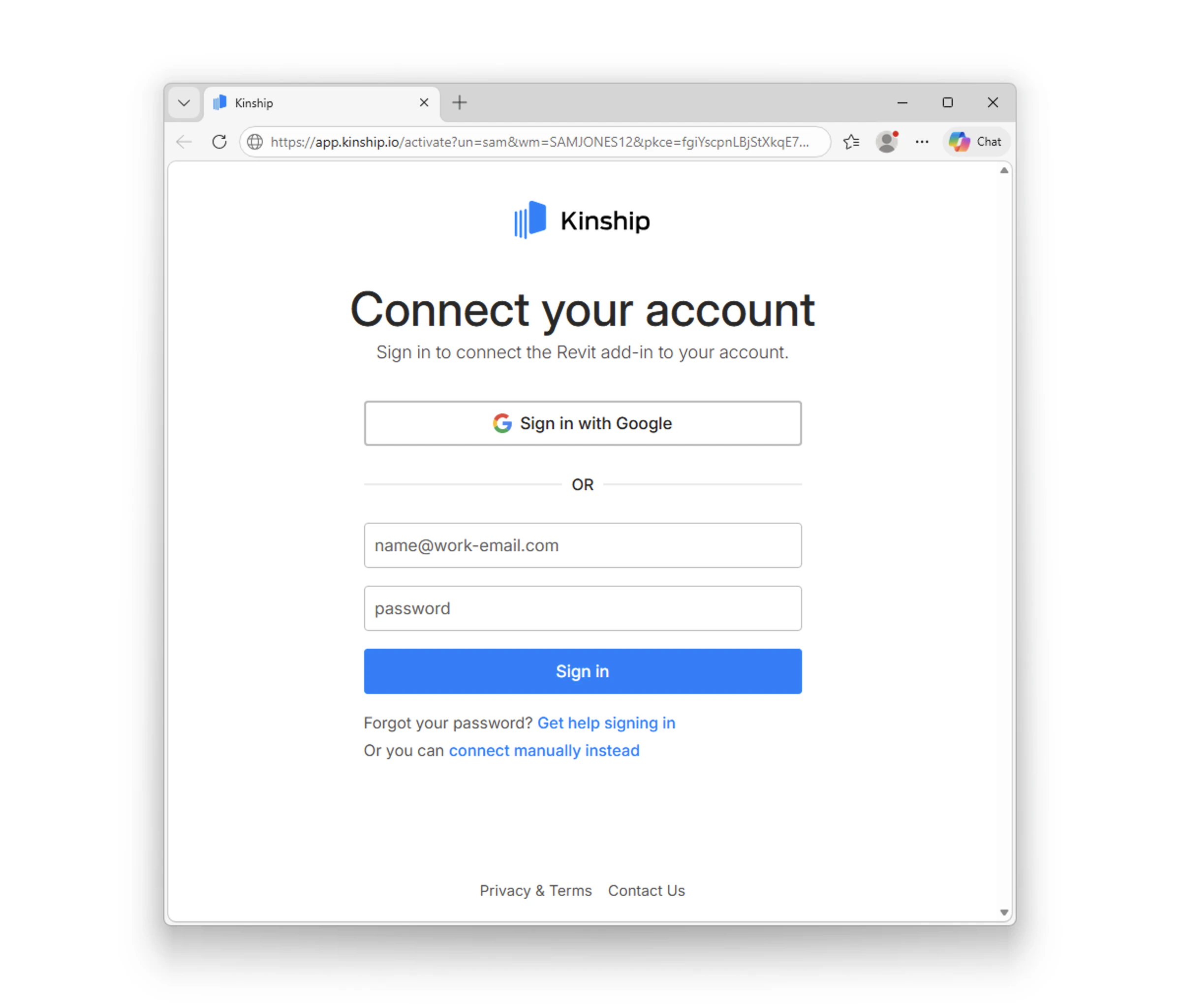 Connect your account page with email, password, and Sign in with Google options