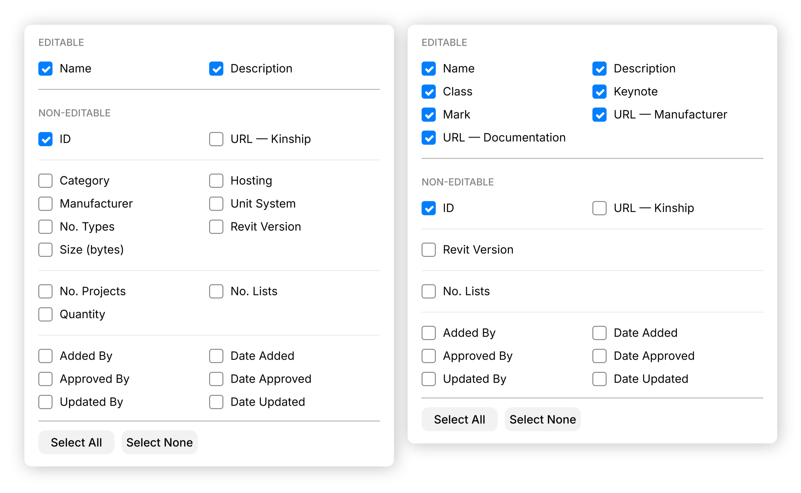All editable and non-editable fields available in the Export dialog.