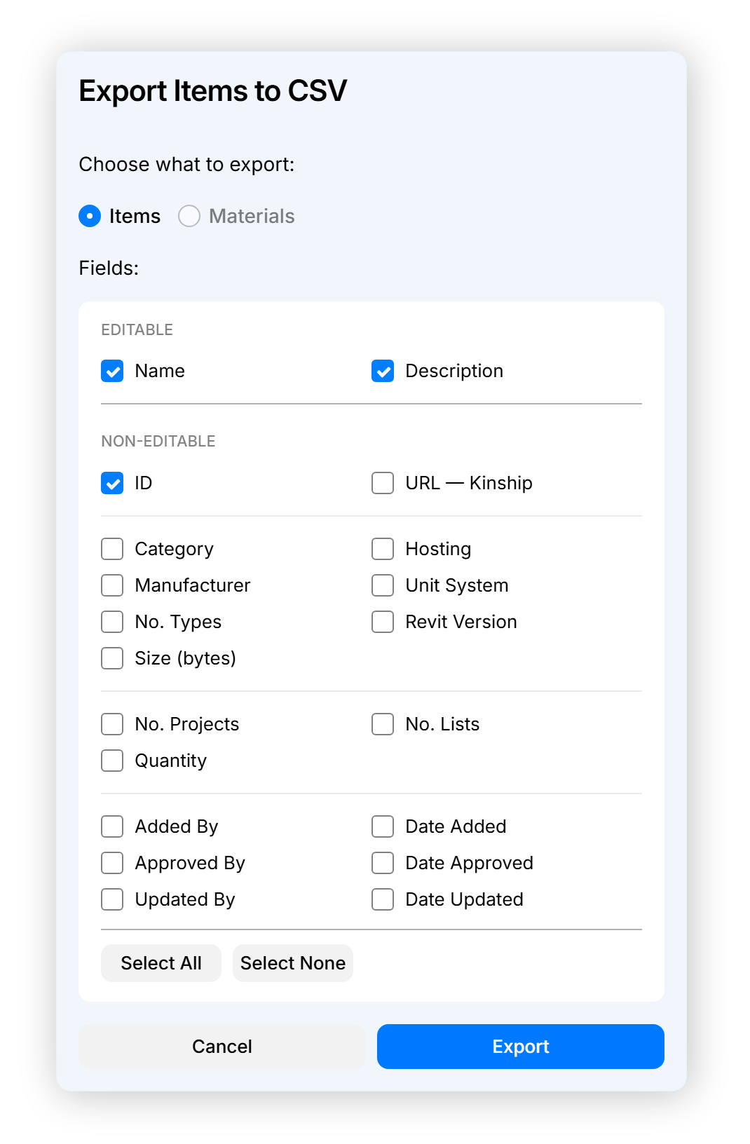 The Export dialog with Items selected and the field list visible.