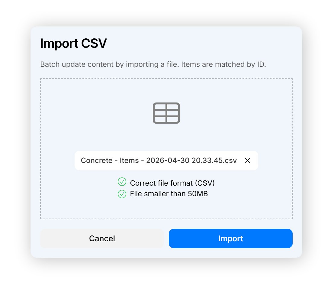 The Import dialog with a CSV file selected, ready to import.