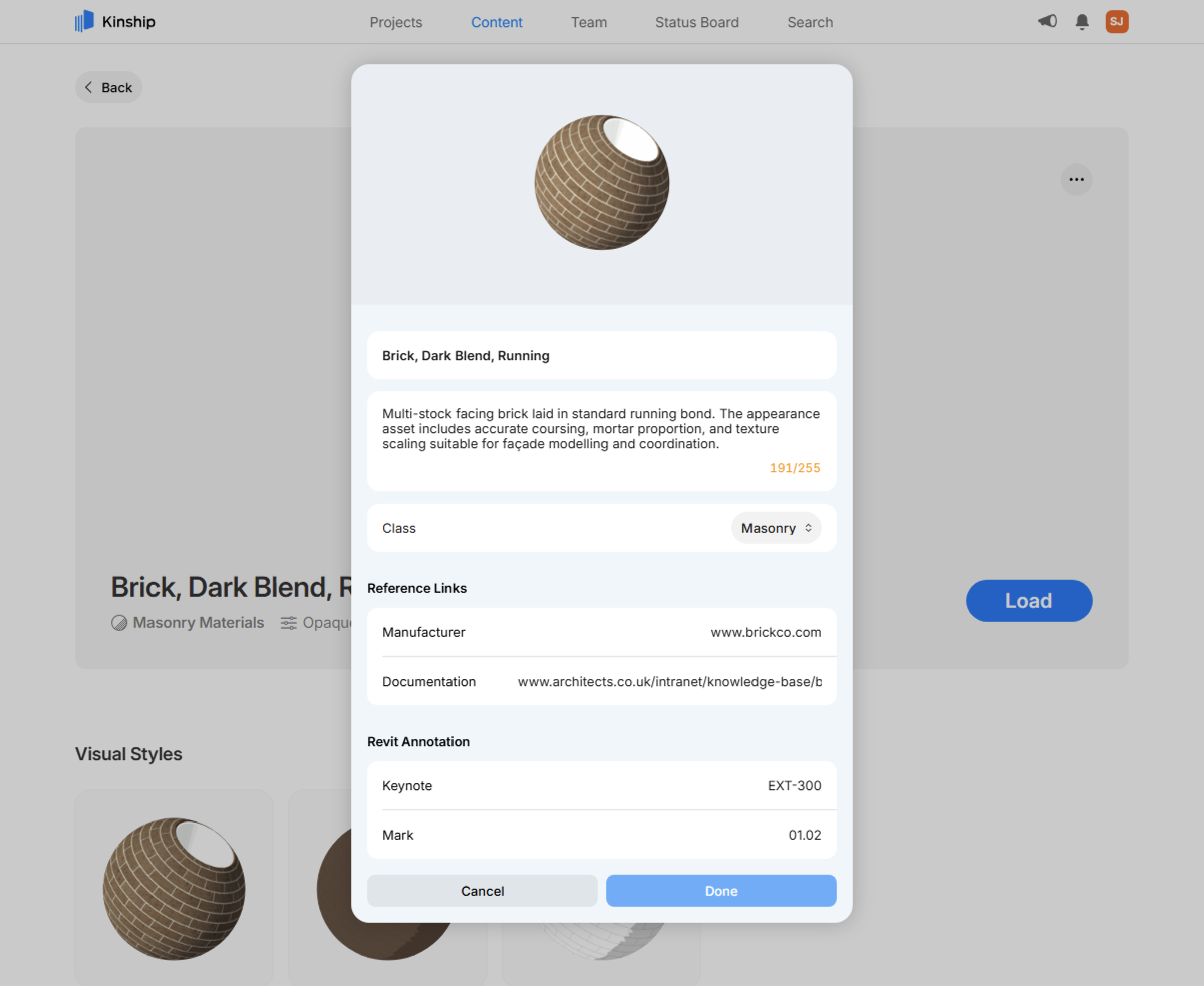 Edit Info dialog for materials showing description, class, reference links, and Revit annotation fields