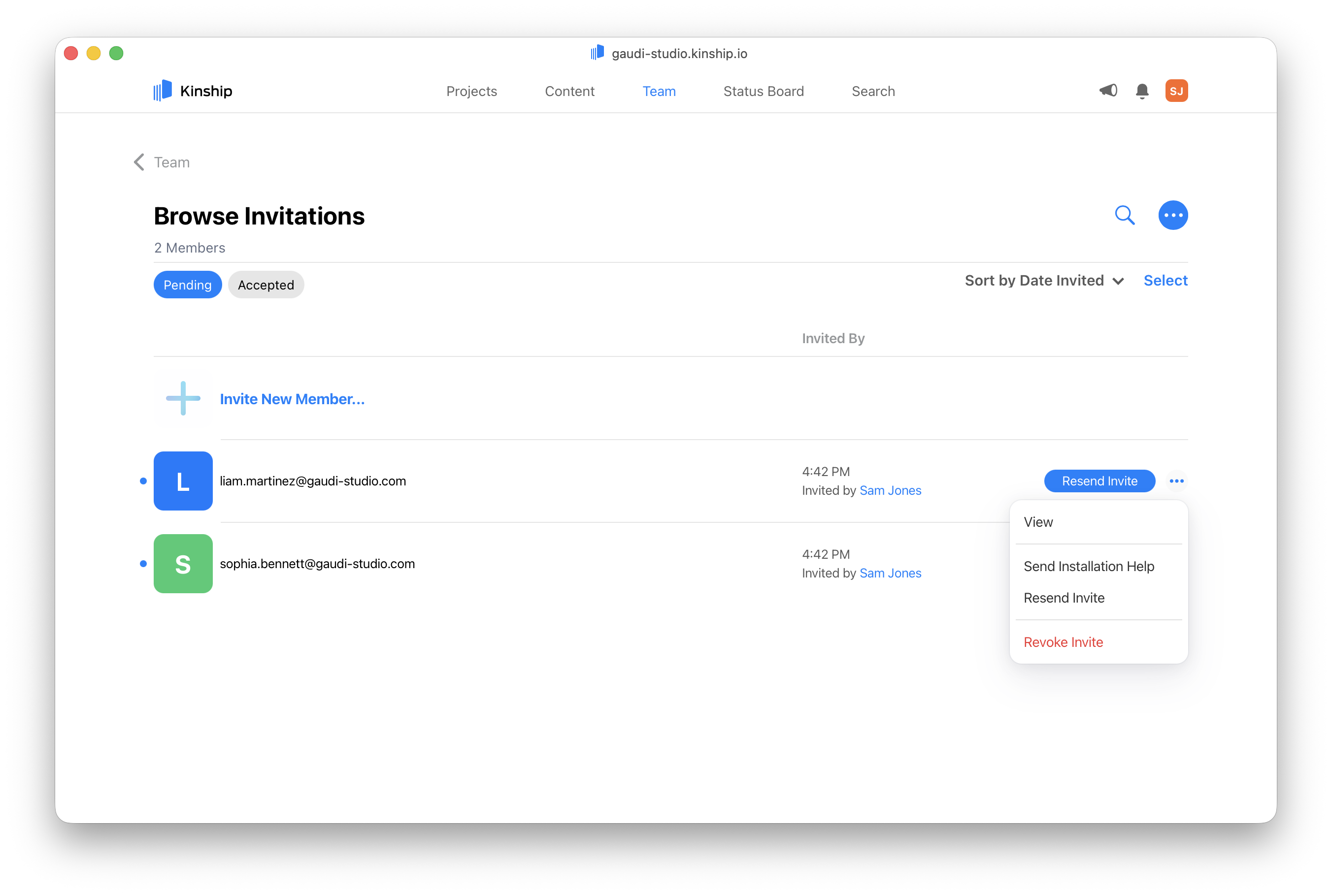 Pending invitations list with Resend/Revoke actions
